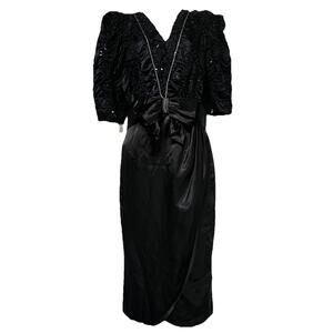 Vintage claralura original California Black Satin Sequined Bow Evening Dress